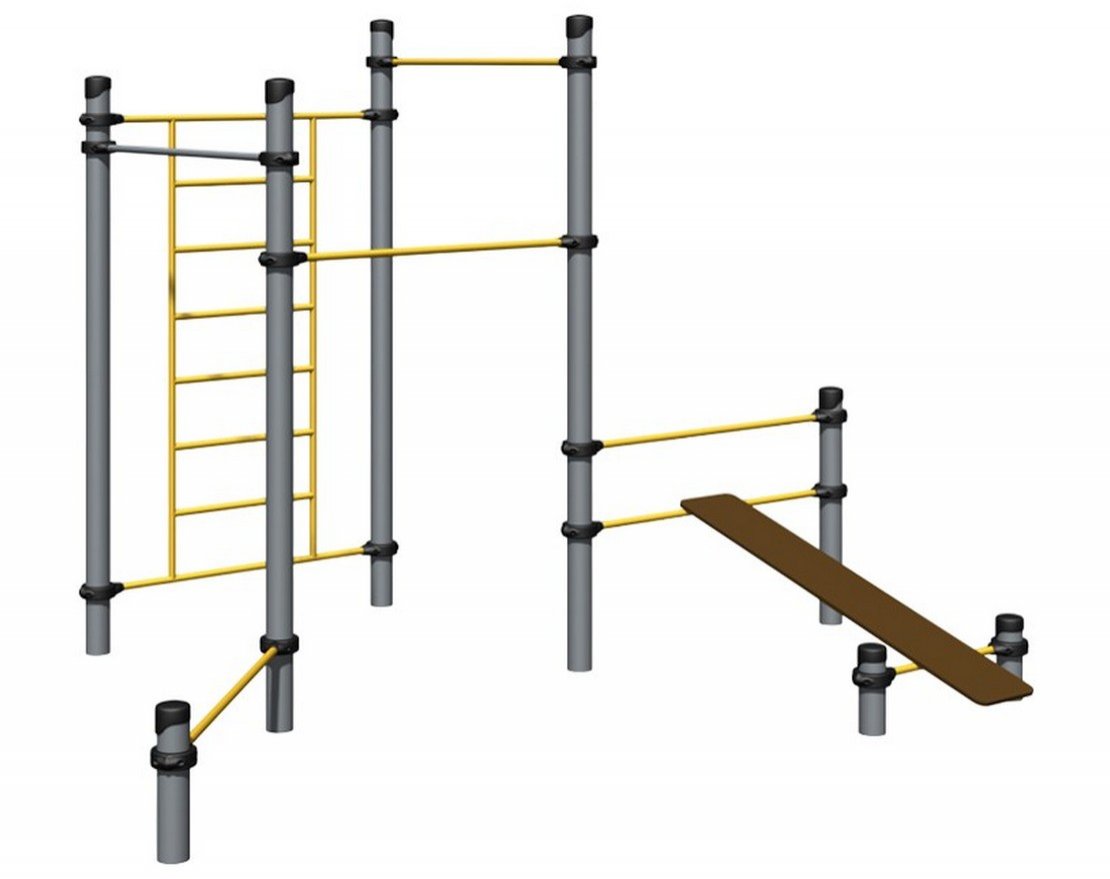 Уличный комплекс турников со шведской стенкой, лавкой для пресса и турником для отжиманий - вид 0